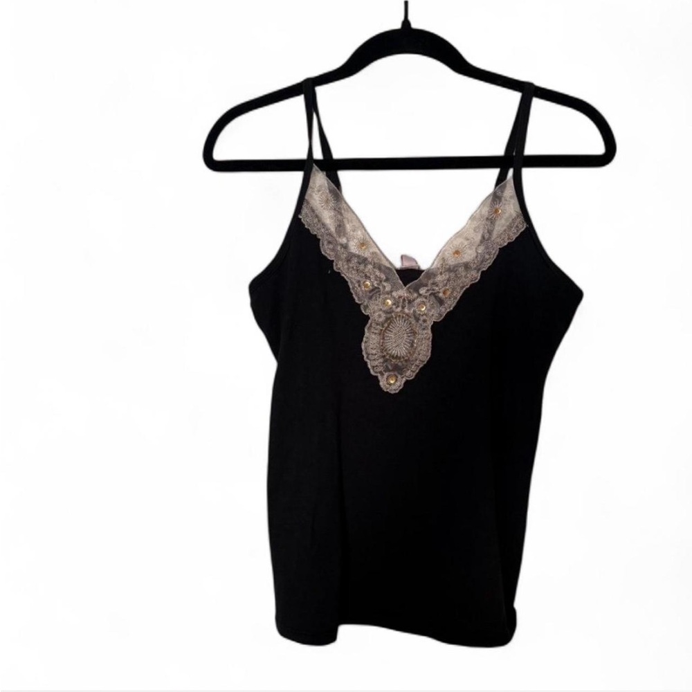Vintage inspired embellished black and sheer lace camisole